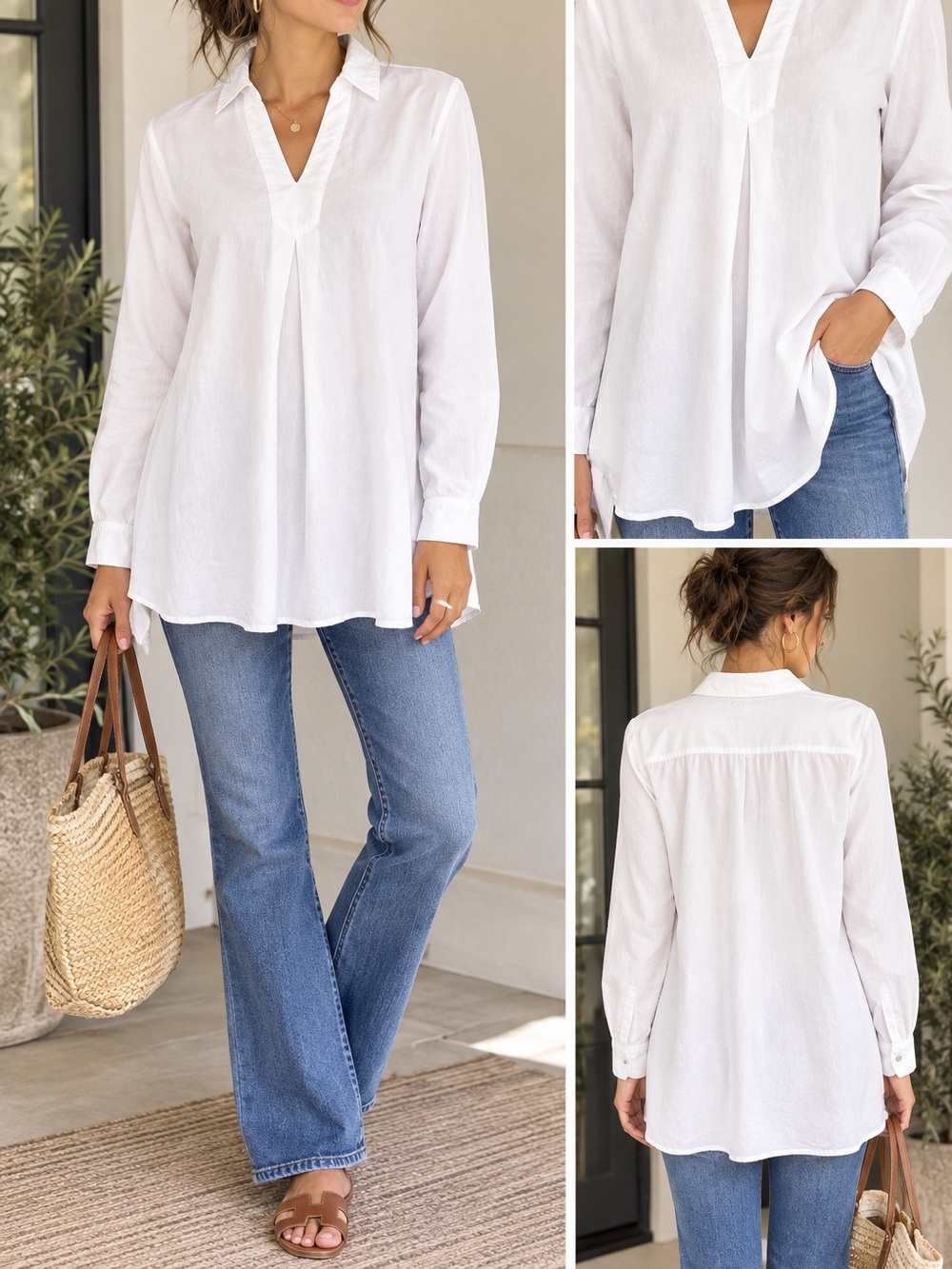 Garnet Hill White Long-Sleeve V-Neck Tunic Blouse